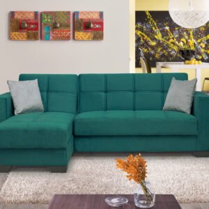 Merlin Emerald Green Plush Velvet Sofa Bed with Grey Pillows