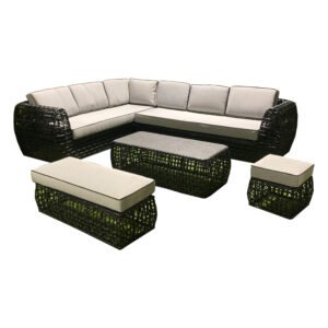 Modern Rattan Corner Sofa Set with Ceramic Coffee Table (BW-09-Black)