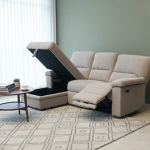 Valencia Corner Sofa HY1513 – Chaise with Recliner & Storage (Light Grey)
